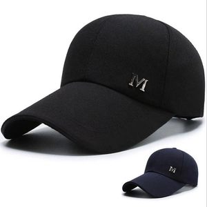 Unisex canvas baseball cap with long brim and metallic M letter decoration in black and navy