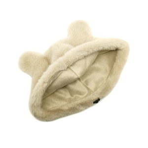 Beige faux mink fur hat with cute bear ears and adjustable drawstrings for women