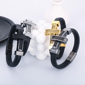 Detailed view of woven leather bracelets with steel cross magnetic clasps in four colors
