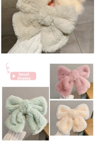 Close-up of soft plush bow hair clips in cream, pink, green and beige winter colors