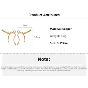 Detailed specs of gold bow-shaped ear climbers in copper with 3.5x3cm dimensions