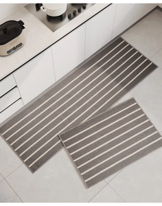 Macro detail of grey and white striped non-slip kitchen mat with woven texture surface