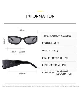 Detailed size chart for Y2K futuristic sunglasses showing frame dimensions and weight