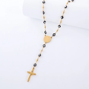 Vintage μποέμ χρυσό κολιέ με χάντρες evil eye και κρεμαστό σταυρό μενταγιόν