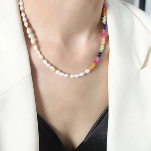 Baroque freshwater pearl necklace with mixed colorful gemstones and gold beads
