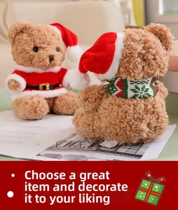 Detail view of plush brown Christmas teddy bears in Santa coats and holiday scarves