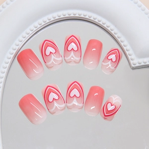 Raspberry gradient heart press-on nails set with glossy sweet style finish 24pcs