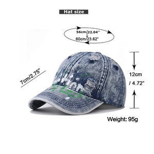 Detailed dimensions of washed denim baseball cap with graffiti and distressed finish