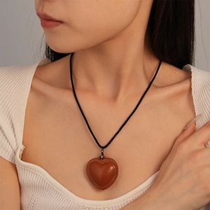 Vintage Heart Pendant Necklace PU Leather Braided Rope Long Sweater Chain Minimalist Accessories For Women