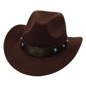 Detailed view of western cowboy hat with leather band and star metal buckle accent