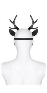 Detail of deer mask with black foam antlers and adjustable elastic strap on mannequin