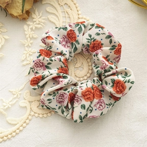 French Vintage Floral Fabric Scrunchies High Elasticity Rose Pattern Hair Ties Retro Ruffled Headband For Women Girls