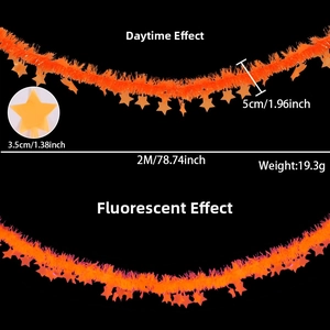 Detail of 2m fluorescent orange garland with star pendants showing day and night effects