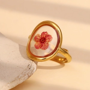 Bague Ouverte Ajustable Acier Inoxydable Plaqué Or 18K Véritable Fleur Séchée Résine Rétro Français Vintage Pour Femmes