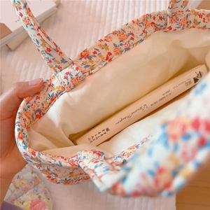 Top view showing the spacious interior of floral cotton handbag with soft lining