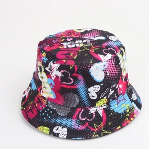 Detail of vintage 90s graffiti bucket hat with 1991 print and colorful street art pattern
