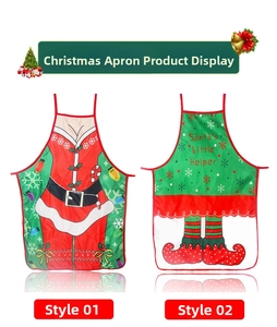 Detail of Christmas aprons featuring Santa suit design and Elf helper creative graphics
