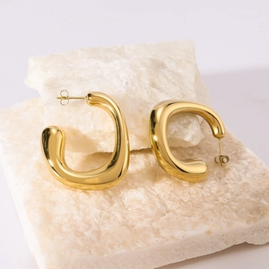 Chunky C-Shaped Hoop Earrings For Women Stainless Steel 18K Gold Plated Geometric Irregular Statement Jewelry Non-Fading