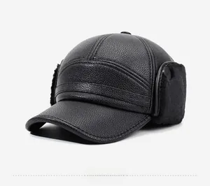 Detail of winter thermal leather hat showing thick faux fur lining and ear protection flap