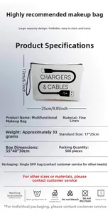 Detail view of cotton canvas tech bag with charger print and wash instructions