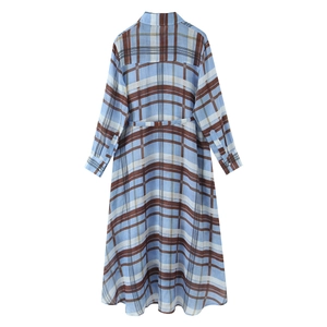 Blue and brown plaid long sleeve ramie shirt dress laid flat on white background