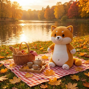 Détail de peluche Shiba Inu sur une nappe de pique-nique avec lac au coucher du soleil d'automne