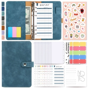 Blue A6 PU leather budget binder set with clear zipper envelopes and colorful labels