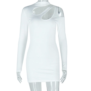 Detail of white slim fit dress showing long sleeves and irregular cutout shoulder design