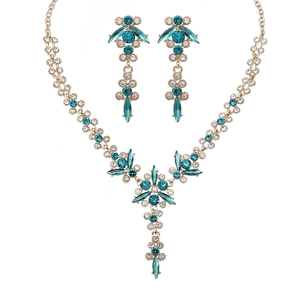 Elegant gold bridal jewelry set with marquise turquoise stones and clear floral crystals