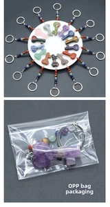 Macro detail of heart-shaped natural crystal keychains with colorful bead decor in OPP bags