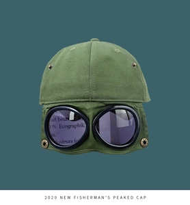 Close-up of army green pilot goggles baseball cap with durable cotton twill texture