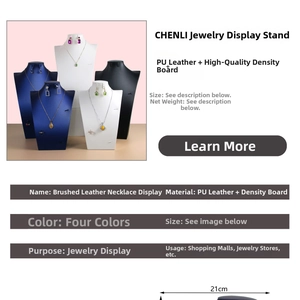 Detail of PU leather jewelry necklace display stands in blue, white, and black colors