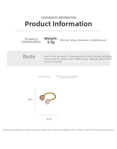 Detail view of gold alloy open ring with 3.4g weight and pearl rhinestone dimensions