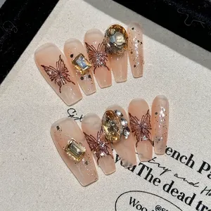 Uñas Postizas de Presión Hechas a Mano Mariposa Ámbar Strass Forma de Ataúd Largas Meillard Marrón Dorado Ojo de Gato Joyas Mujer