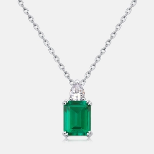 Vintage S925 silver necklace with emerald cut green gemstone and pear shape zircon pendant
