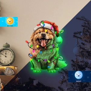 Christmas Glow In The Dark Wall Sticker Luminous Chow Chow Dog With Hat And Lights PVC Self Adhesive Decal