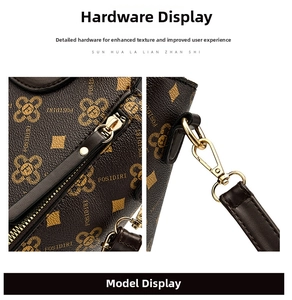 Detailed macro view of golden metal hardware and monogram pattern on dark brown leather