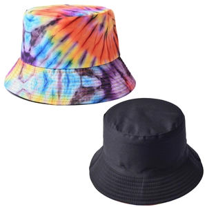 Detail of reversible tie-dye bucket hat showing vibrant colors and plain black lining
