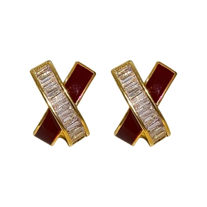 Vintage geometric cross stud earrings with red enamel and crystals in gold plating