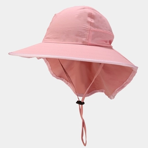 Pink kids quick-dry sun hat with neck flap and breathable mesh panels for UV protection