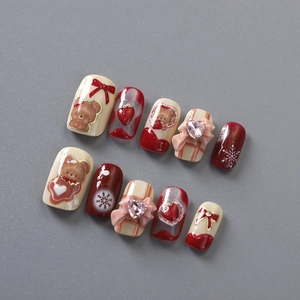 Handmade 10pcs press-on nails with vintage red plaid, golden bear, and pink 3D bows