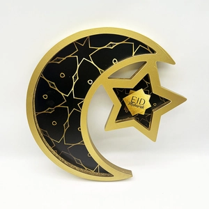 Golden and black Eid Mubarak crescent moon and star decorative serving tray set