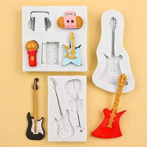 Moules en silicone pour instruments de musique comme guitare et micro pour décorer gâteaux