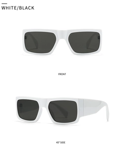 Front and side view of white frame square sunglasses with black lenses on white background