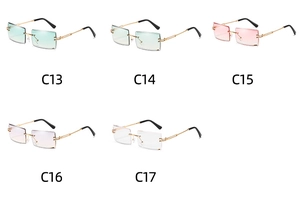 Detail showing five color variations of rimless sunglasses with gold metal temples
