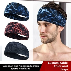 Close-up of three elastic sports headbands in blue, red, and grey patterns on a model