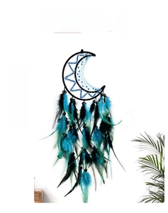 Detail of hand-woven moon dream catcher featuring blue feathers and intricate beadwork
