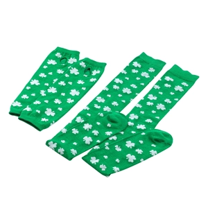 Flat lay of St. Patrick's Day green clover knee-high socks and matching arm warmers
