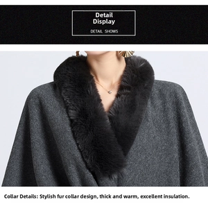 Detailed close-up of thick black faux fur collar on dark gray knit poncho cardigan