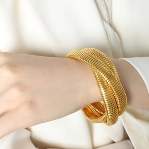 Luxury gold triple-layered flexible Tubogas coiled wrap bracelet for women